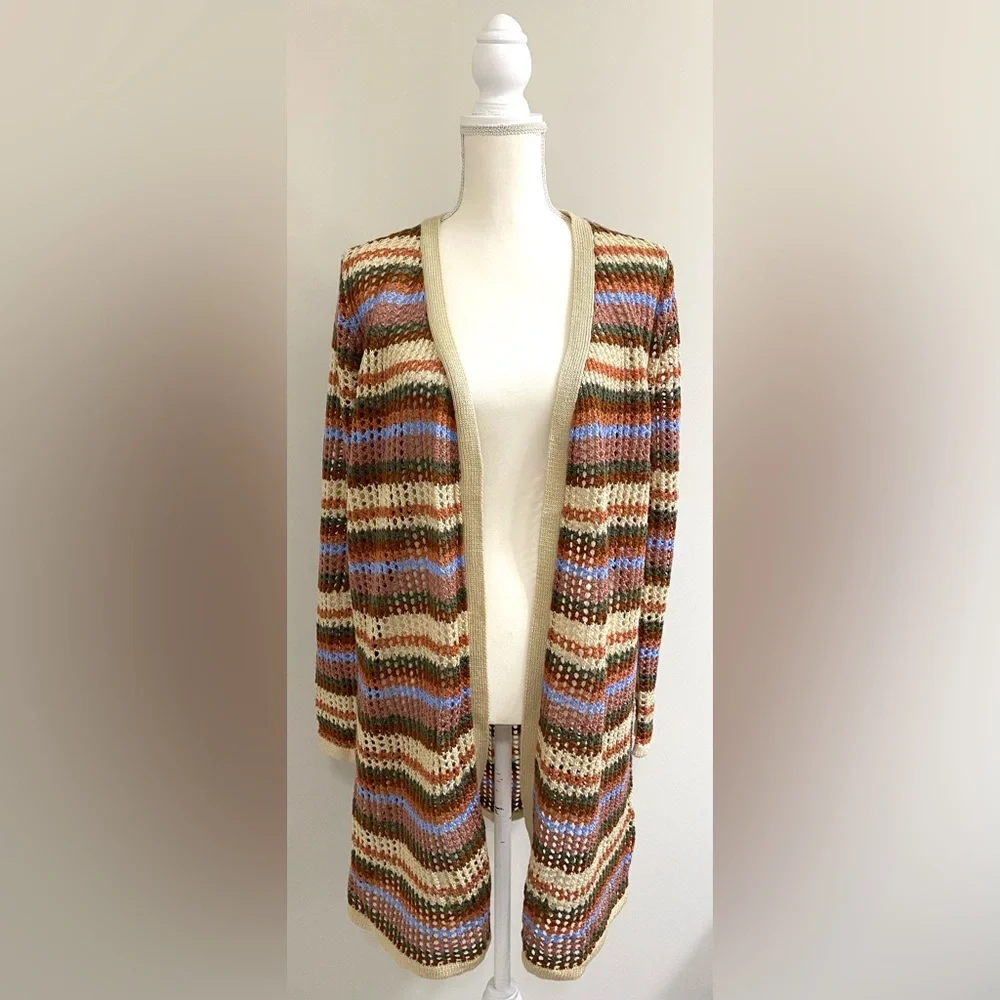 Rue 21 Womens L Brown Tan Stripe Crochet Long Cardigan Sweater Boho Eclectic Y2K - Picture 1 of 10